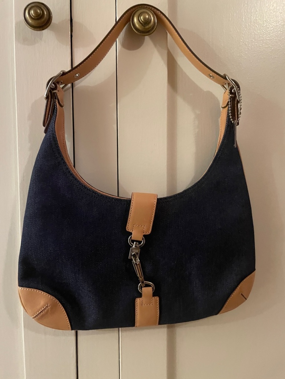 Vintage Coach Hampton Denim Hobo Bag with Tan Leather Trim